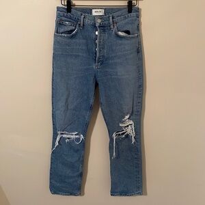 Agolde Riley High Rise Straight Crop Button Fly Cotton Blend Distressed Jeans